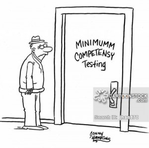 Man sees misspelled 'Minimum Competency Testing' sign on door.